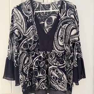 Trina Turk Boho Top Women's M Navy White Paisley Sheer Blouse